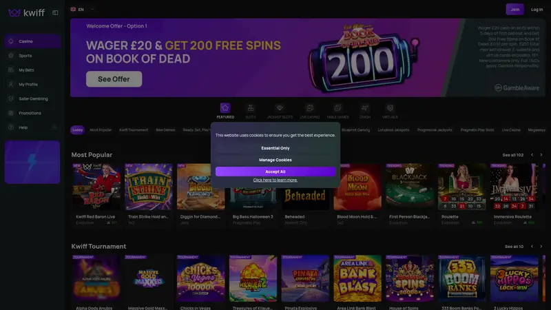 Kwiff Casino - homepage (desktop)