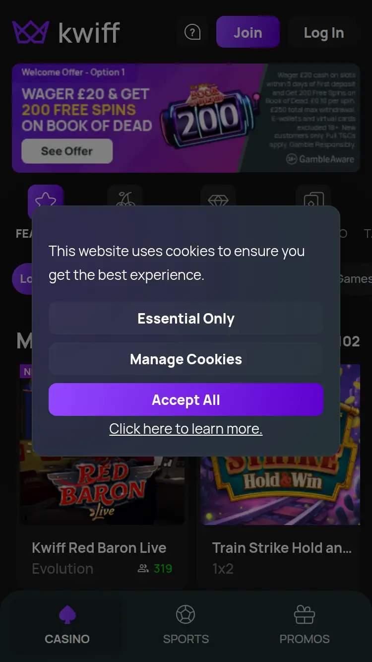 Kwiff Casino - homepage (mobile)