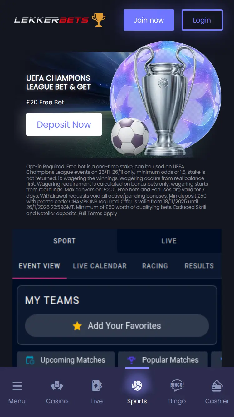 Lekker Bets - homepage (mobile)