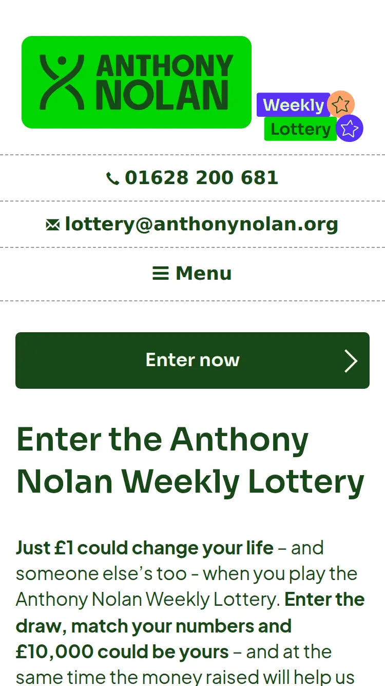 Anthony Nolan Lottery - homepage (mobile)