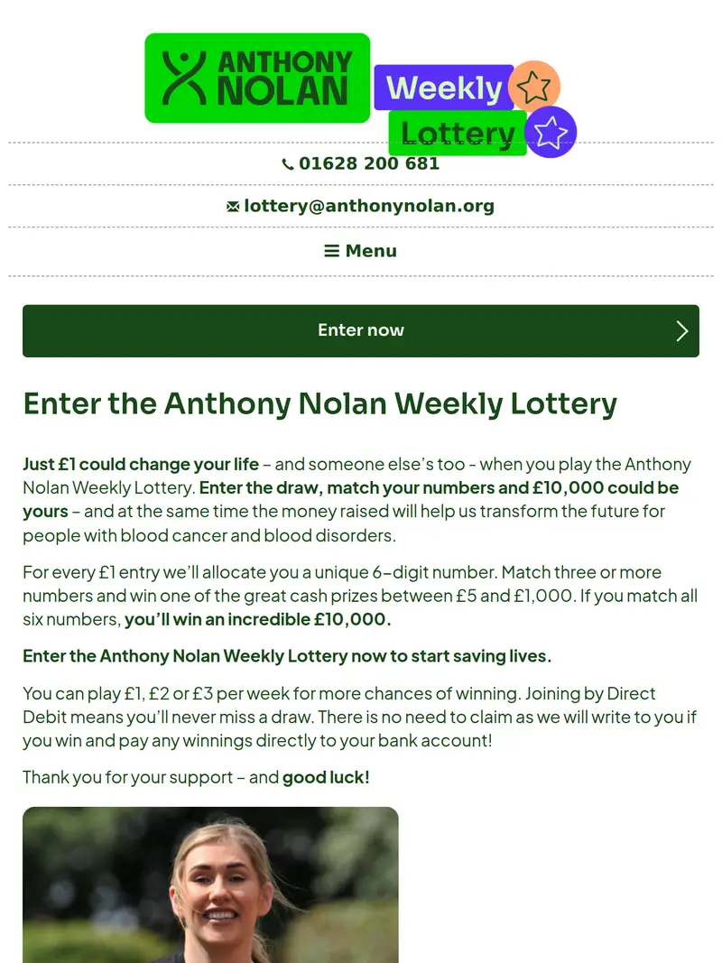 Anthony Nolan Lottery - homepage (tablet)