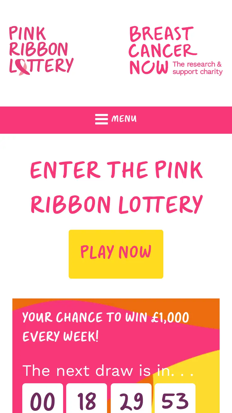 Breast Cancer Now Lottery - homepage (mobile)