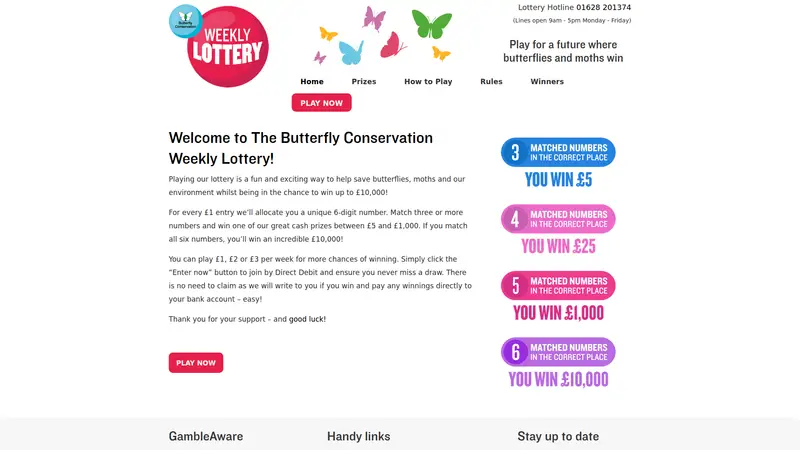 Butterfly Conservation Lottery - homepage (desktop)