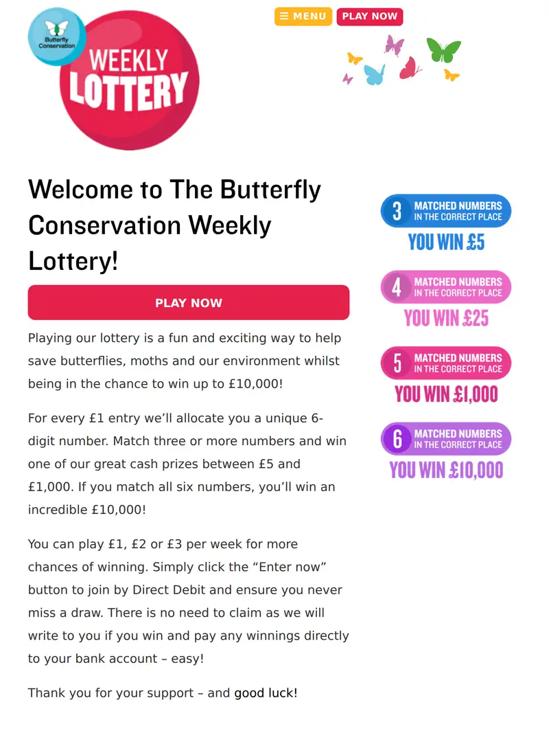 Butterfly Conservation Lottery - homepage (tablet)