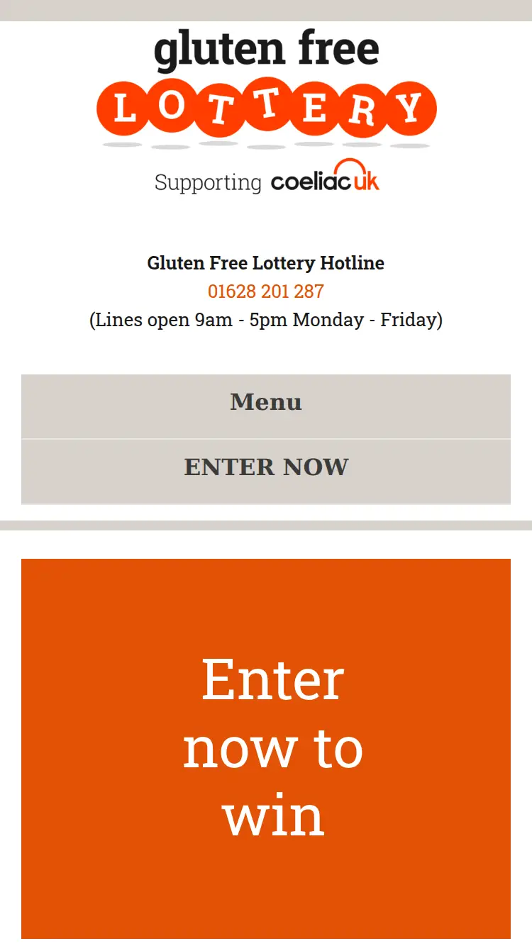 Coeliac Lottery - homepage (mobile)