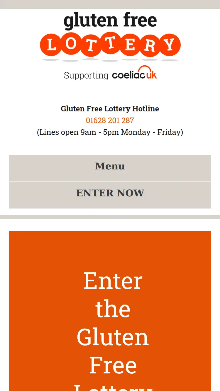Coeliac Lottery - homepage (mobile)