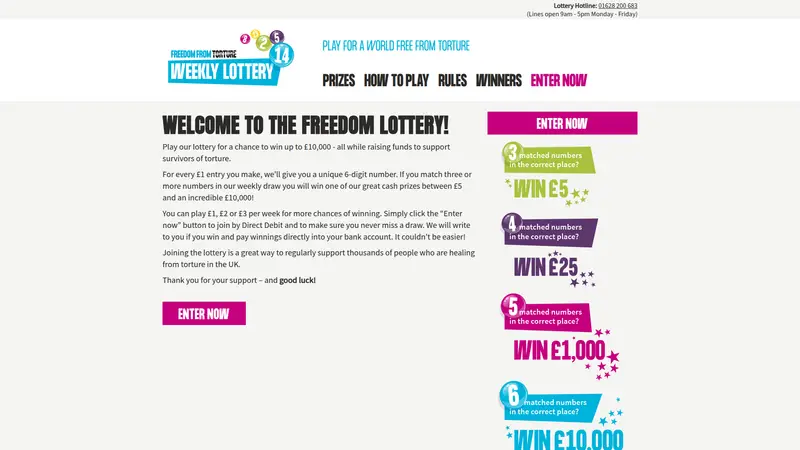 Freedom from Torture Lottery - homepage (desktop)