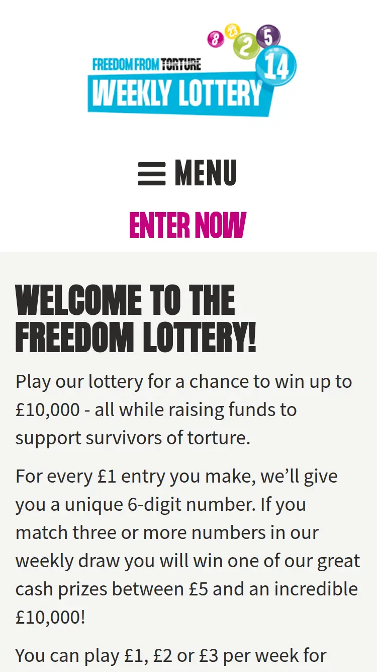 Freedom from Torture Lottery - homepage (mobile)