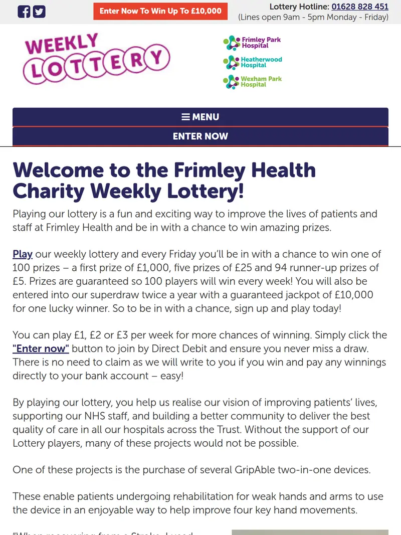 Frimley Health Charity Lottery - homepage (tablet)