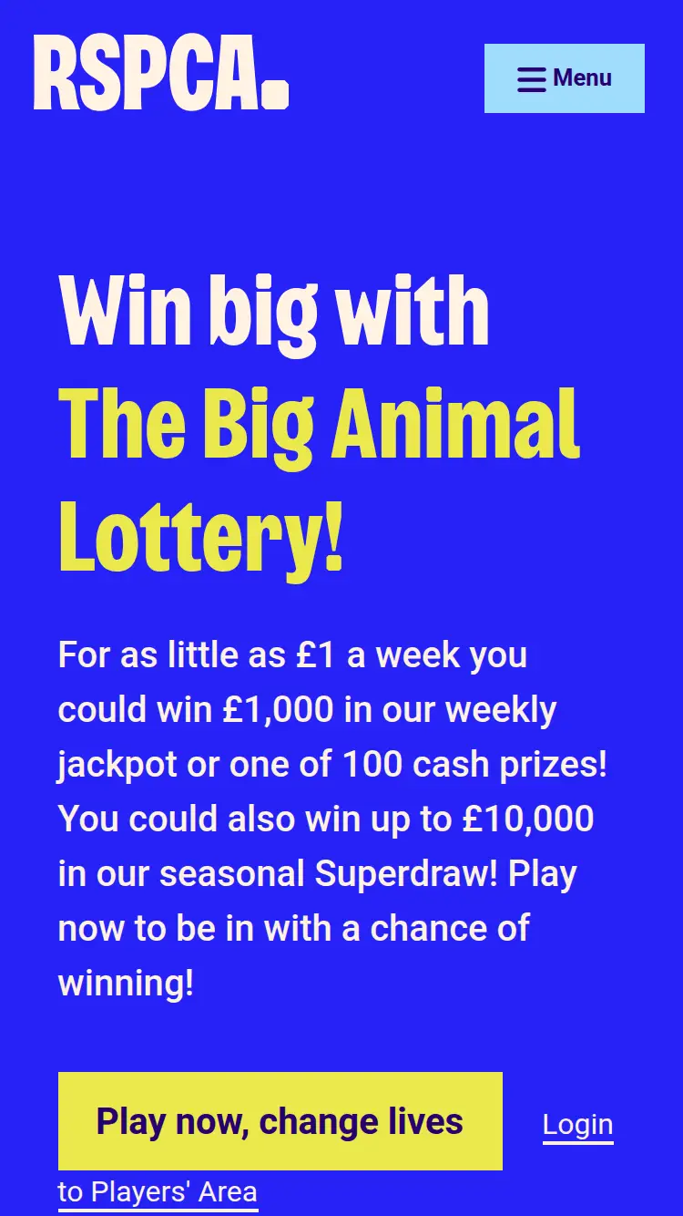RSPCA Lottery - homepage (mobile)