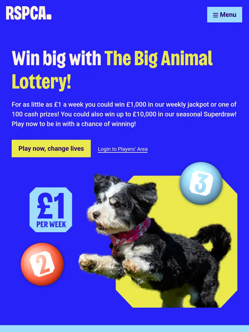 RSPCA Lottery - homepage (tablet)