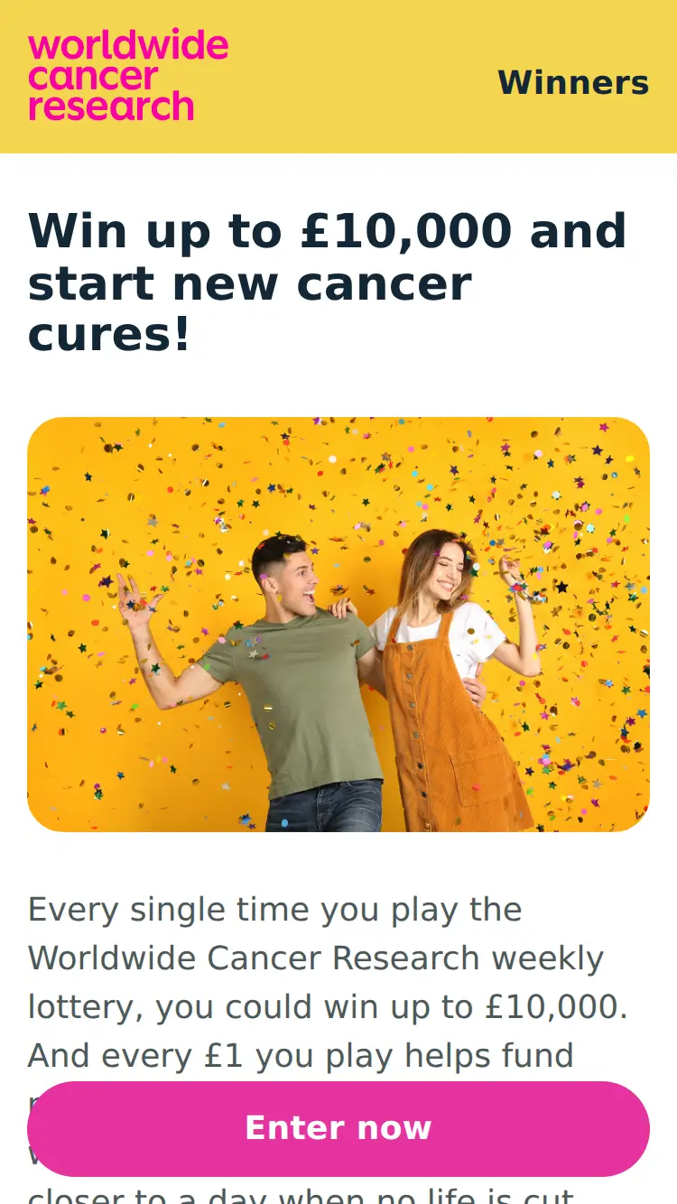 Worldwide Cancer Research Lottery - homepage (mobile)