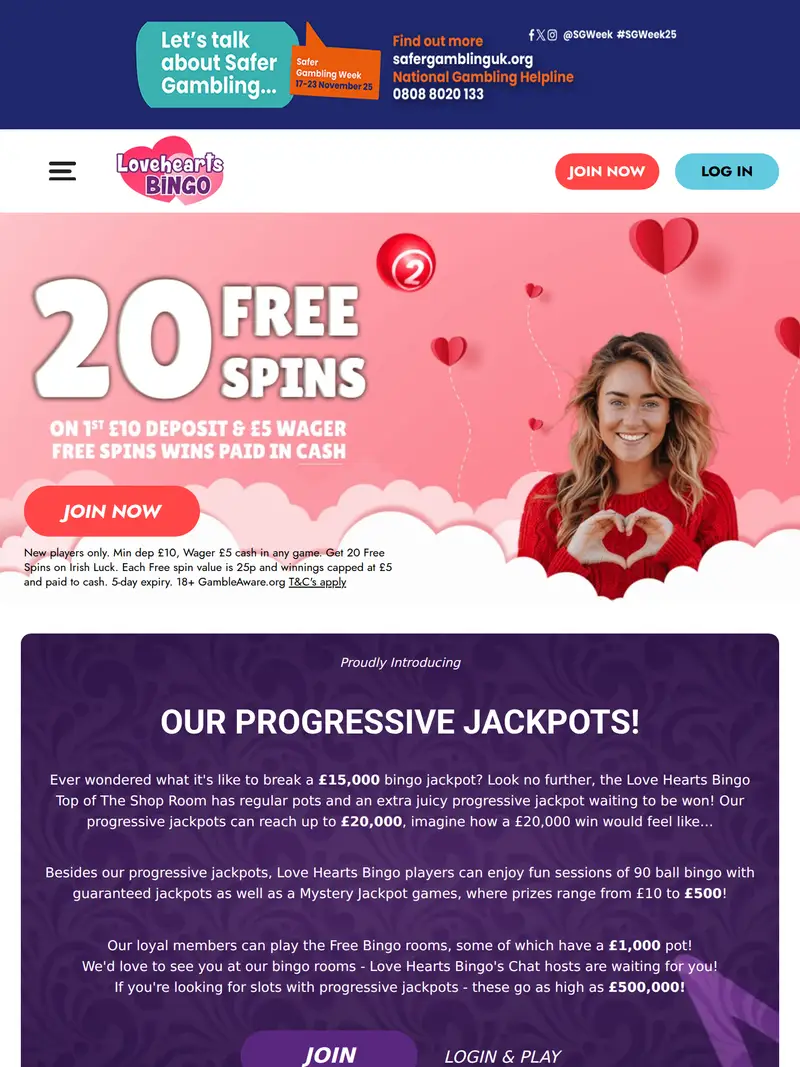 Love Hearts Bingo - homepage (tablet)