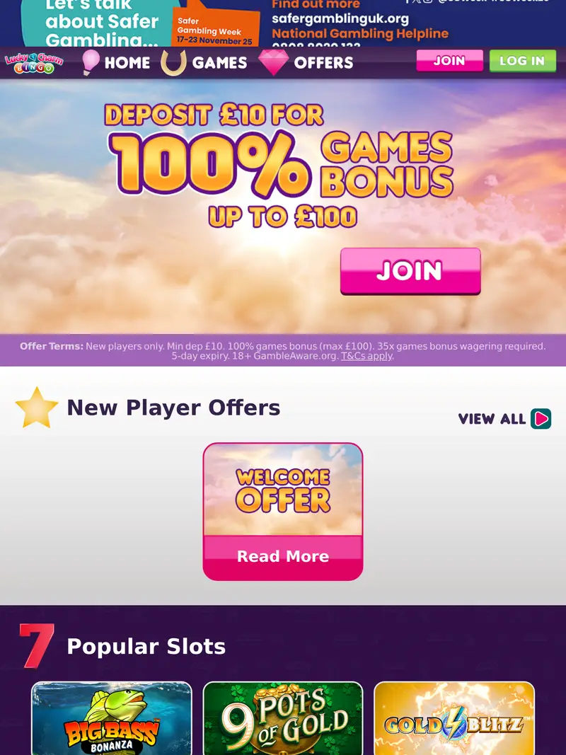 Lucky Charm Bingo - homepage (tablet)