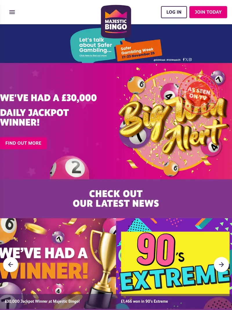 Majestic Bingo - homepage (tablet)