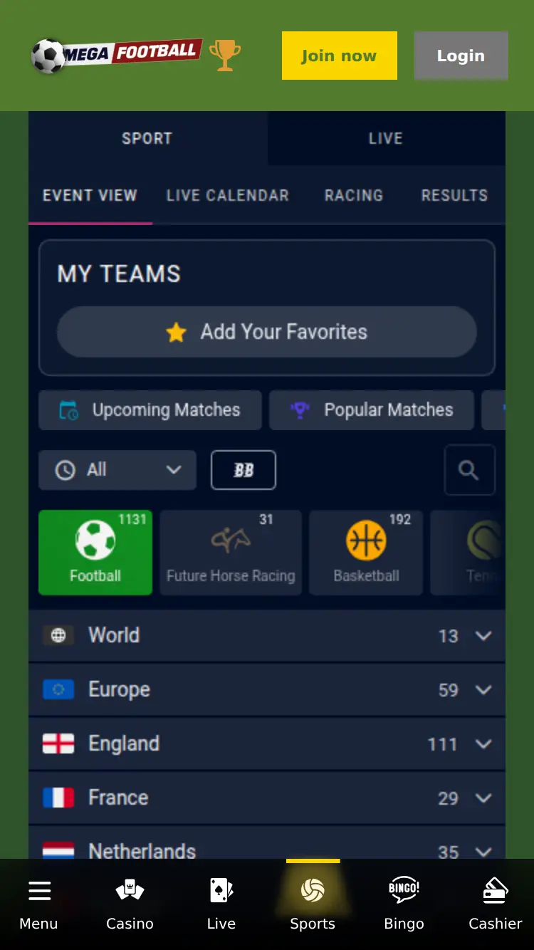 Mega Football - homepage (mobile)