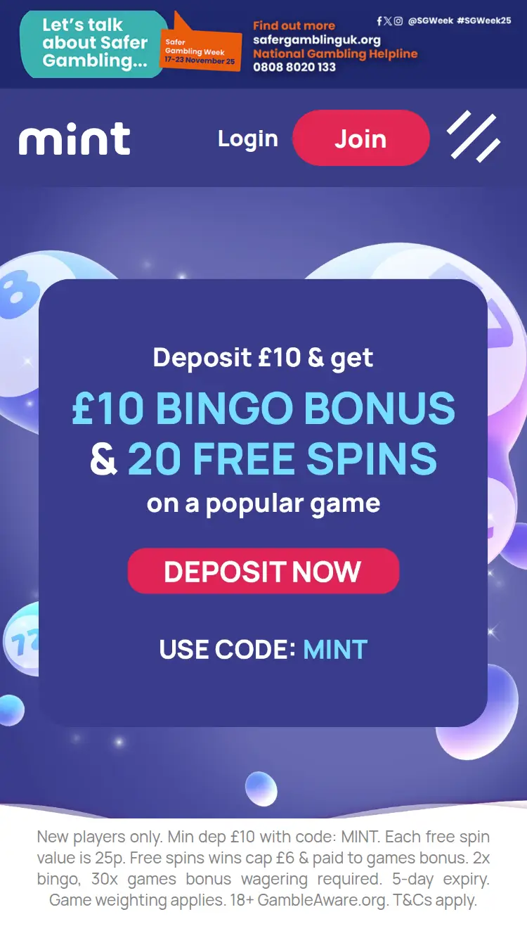 Mint Bingo - homepage (mobile)