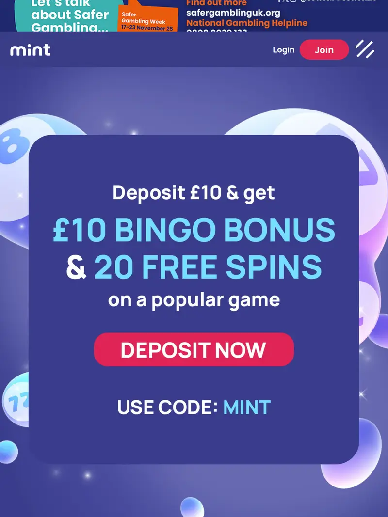 Mint Bingo - homepage (tablet)