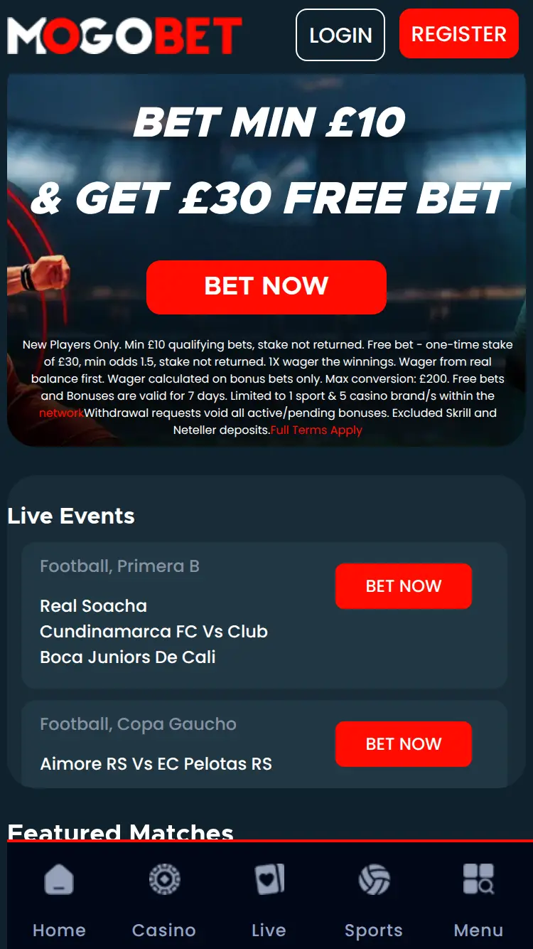 Mogo Bet - homepage (mobile)