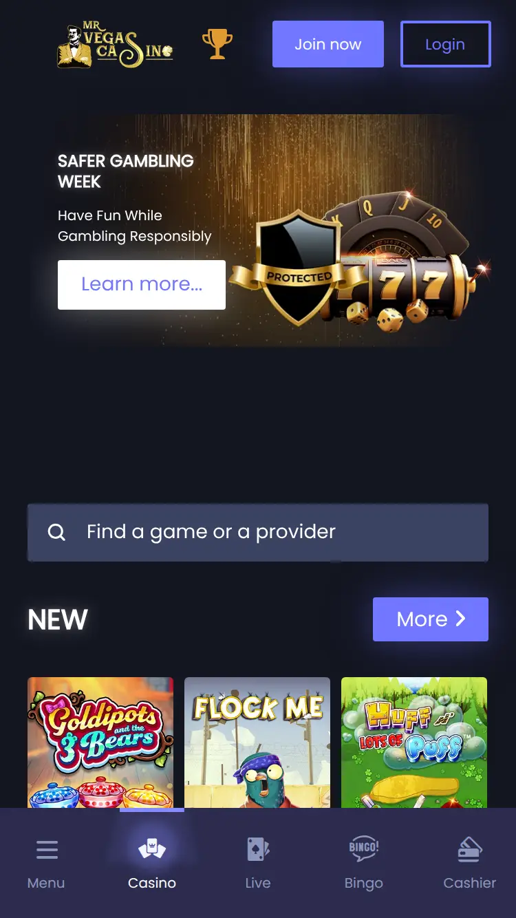 Mr Vegas Casino - homepage (mobile)