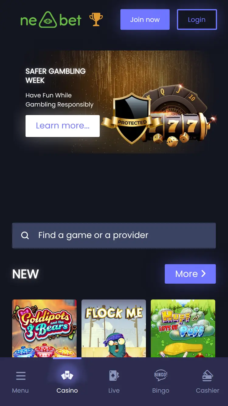 Ne Bet - homepage (mobile)
