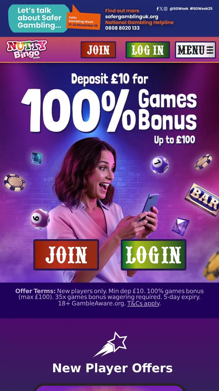 Nutty Bingo - homepage (mobile)