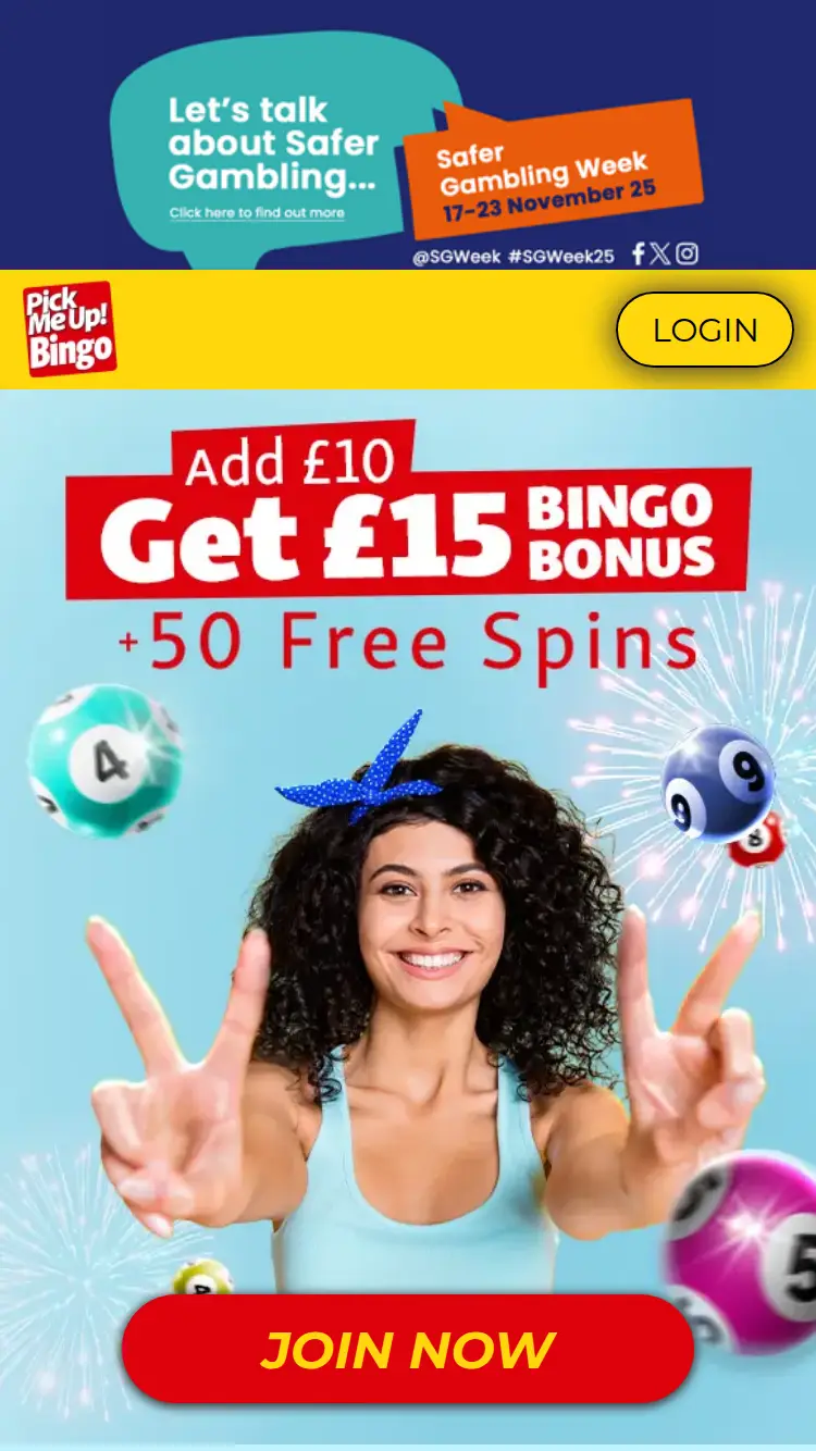 Pick Me Up Bingo - homepage (mobile)