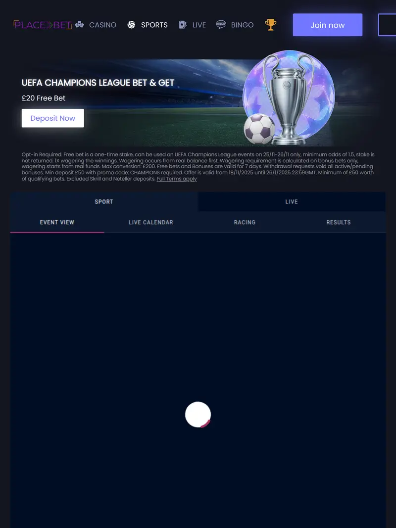 Place Bet - homepage (tablet)