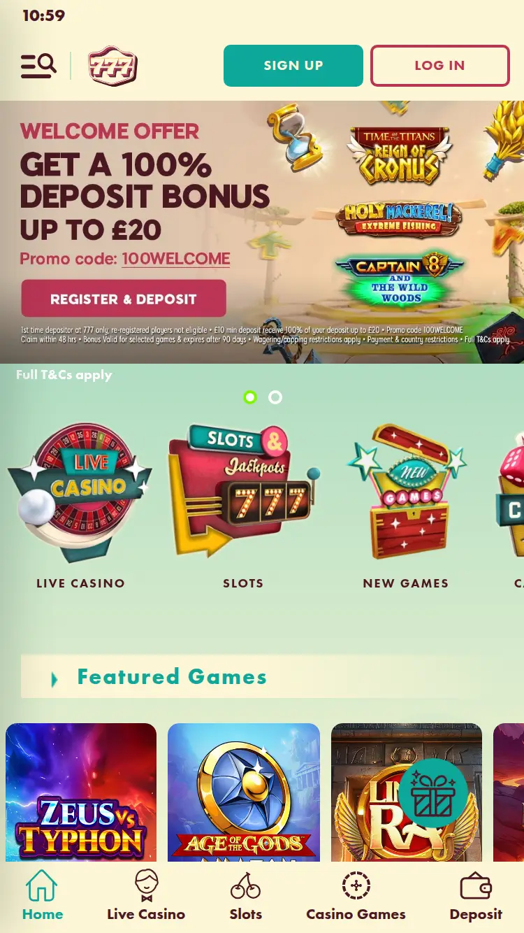 Play 777 - homepage (mobile)