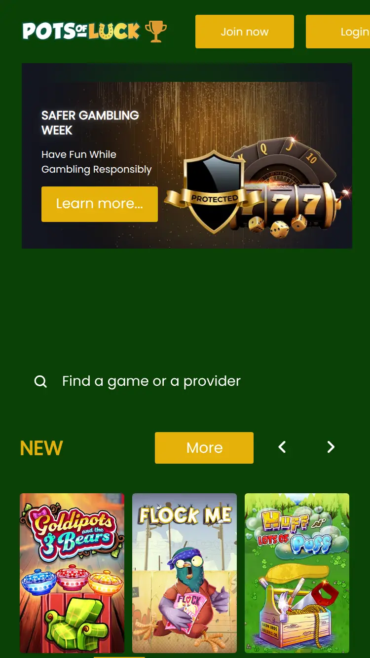 Pots of Luck - homepage (mobile)