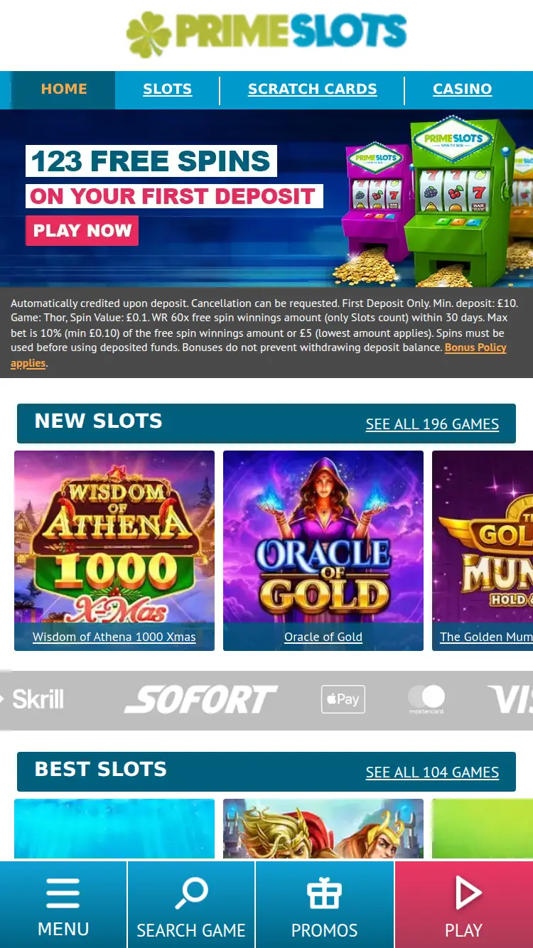 Prime Slots - homepage (mobile)