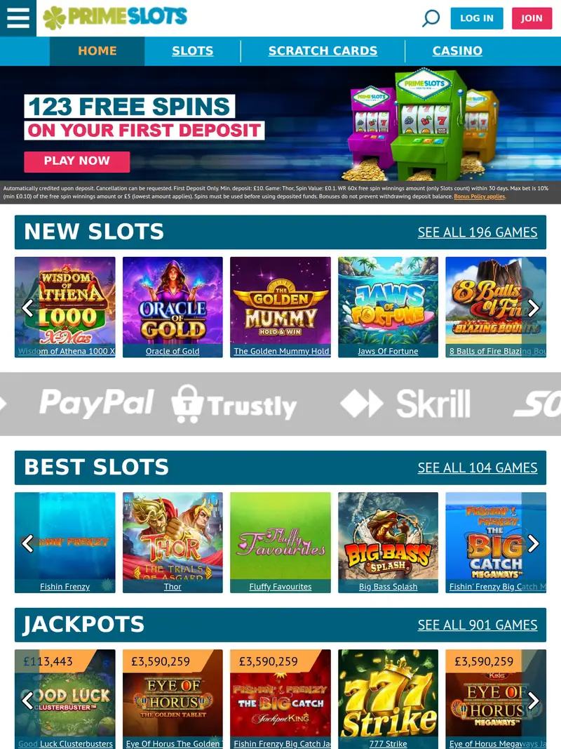 Prime Slots - homepage (tablet)