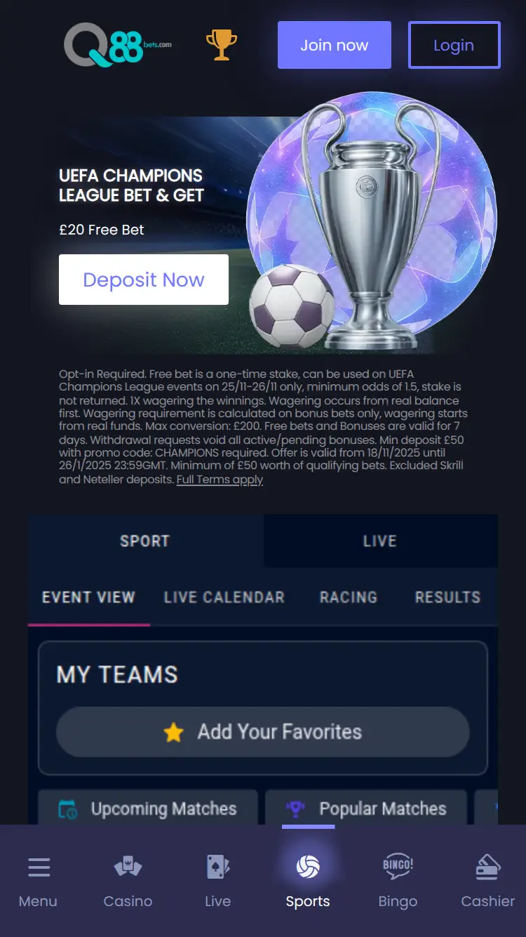 Q88 Bets - homepage (mobile)