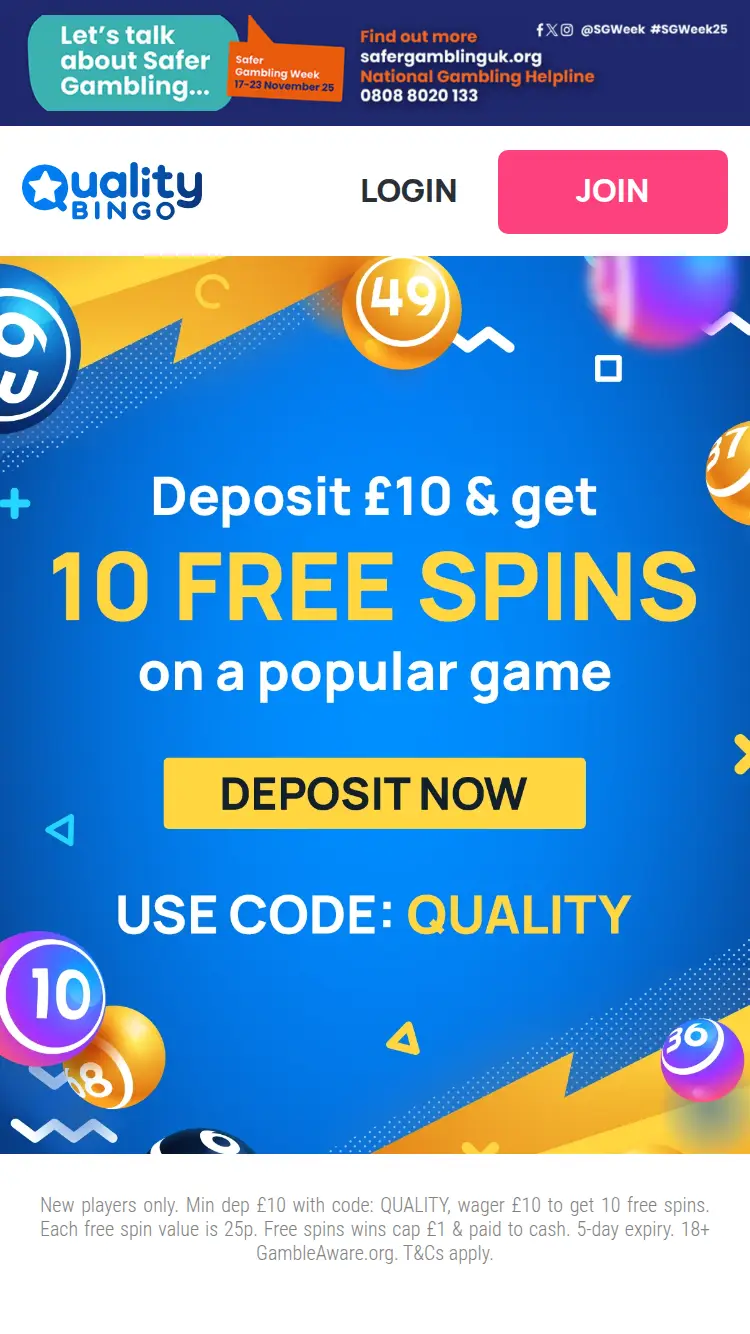 Quality Bingo - homepage (mobile)