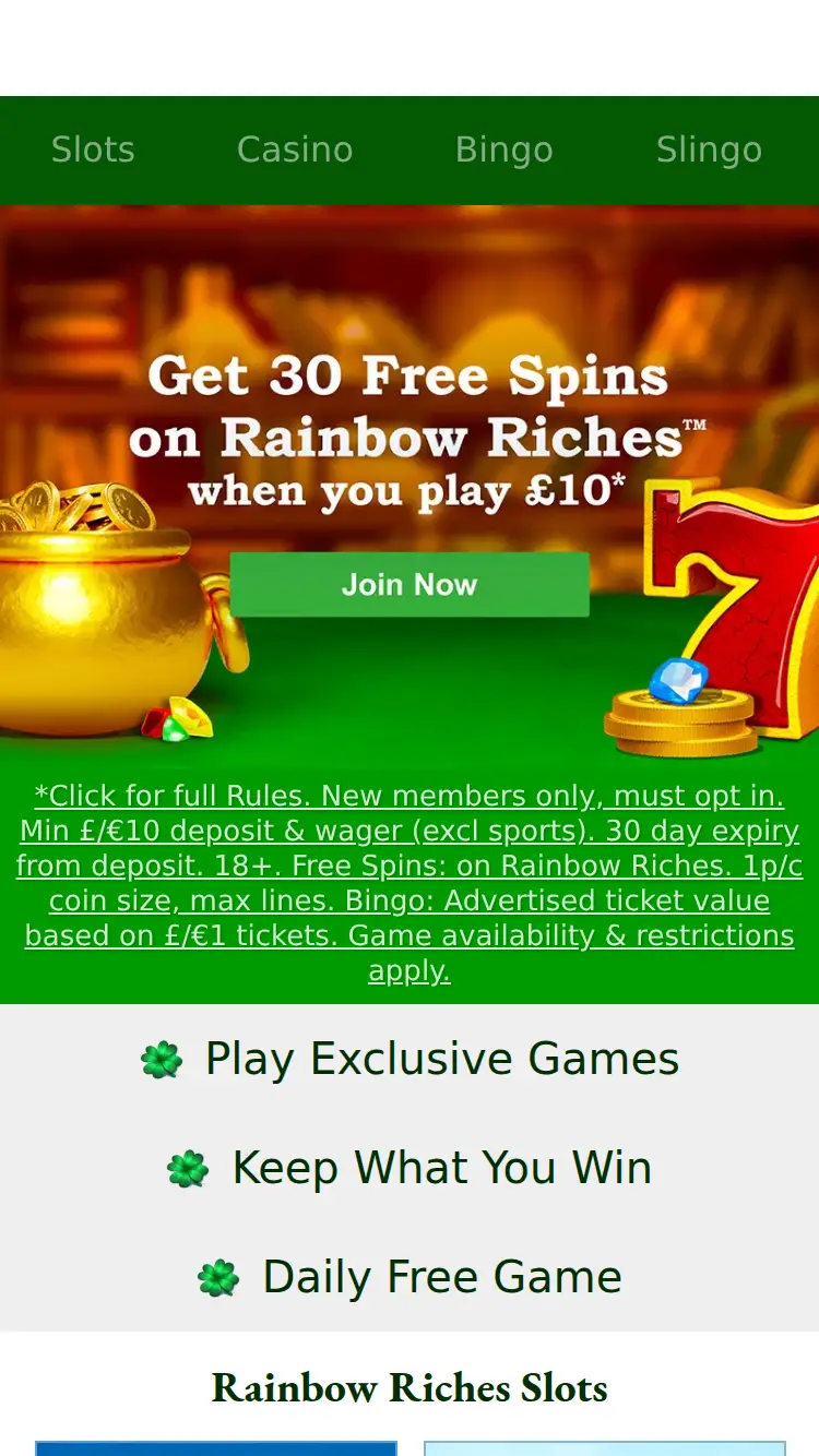 Rainbowriches Casino - homepage (mobile)