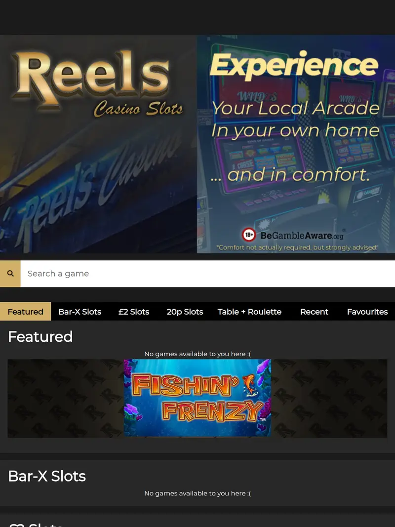 Reels Casino - homepage (tablet)