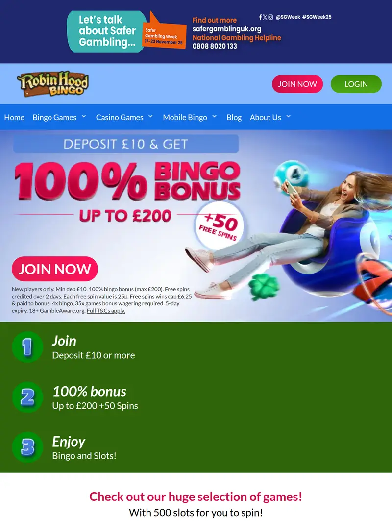 Robin Hood Bingo - homepage (tablet)