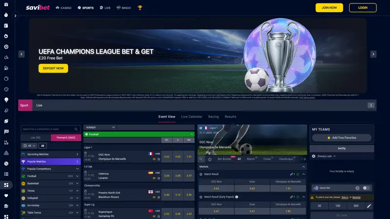 Savi Bet - homepage (desktop)