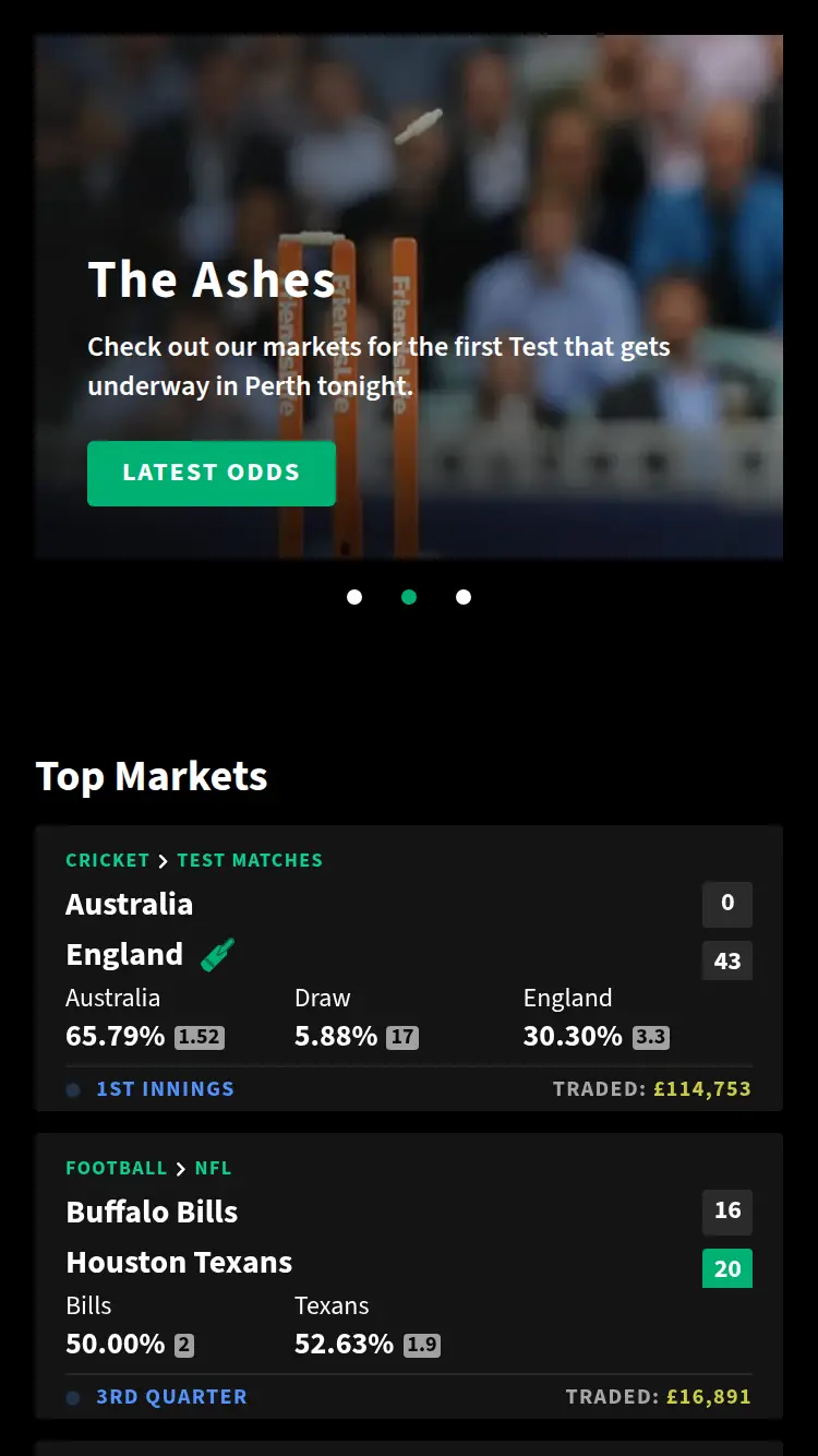 Smarkets - homepage (mobile)