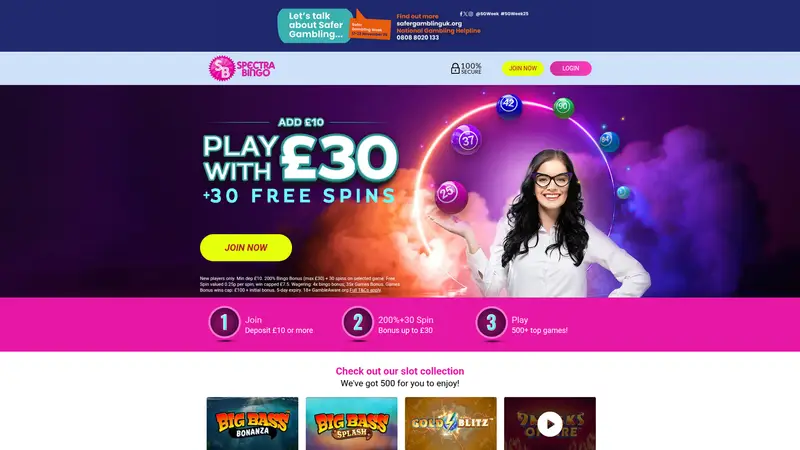 Spectra Bingo - homepage (desktop)