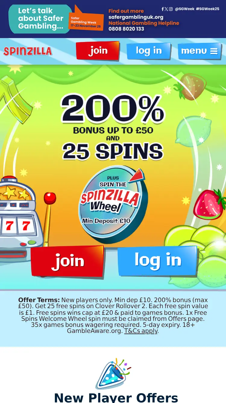 Spin Zilla - homepage (mobile)