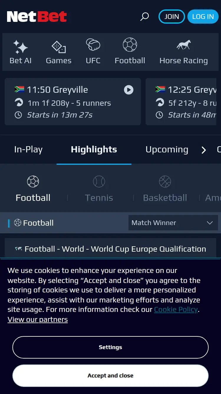 NetBet Sport - homepage (mobile)