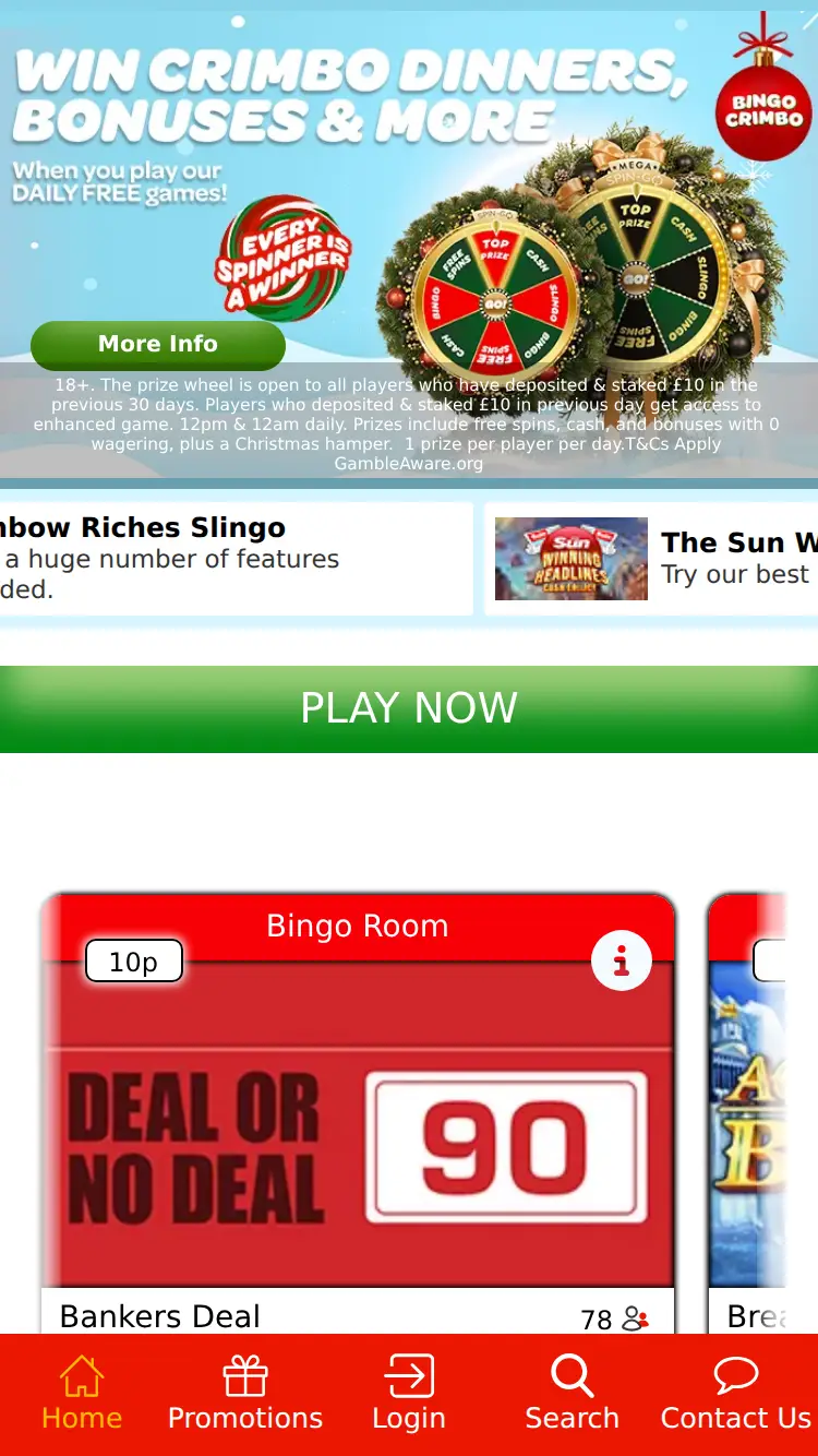 Sun Bingo - homepage (mobile)