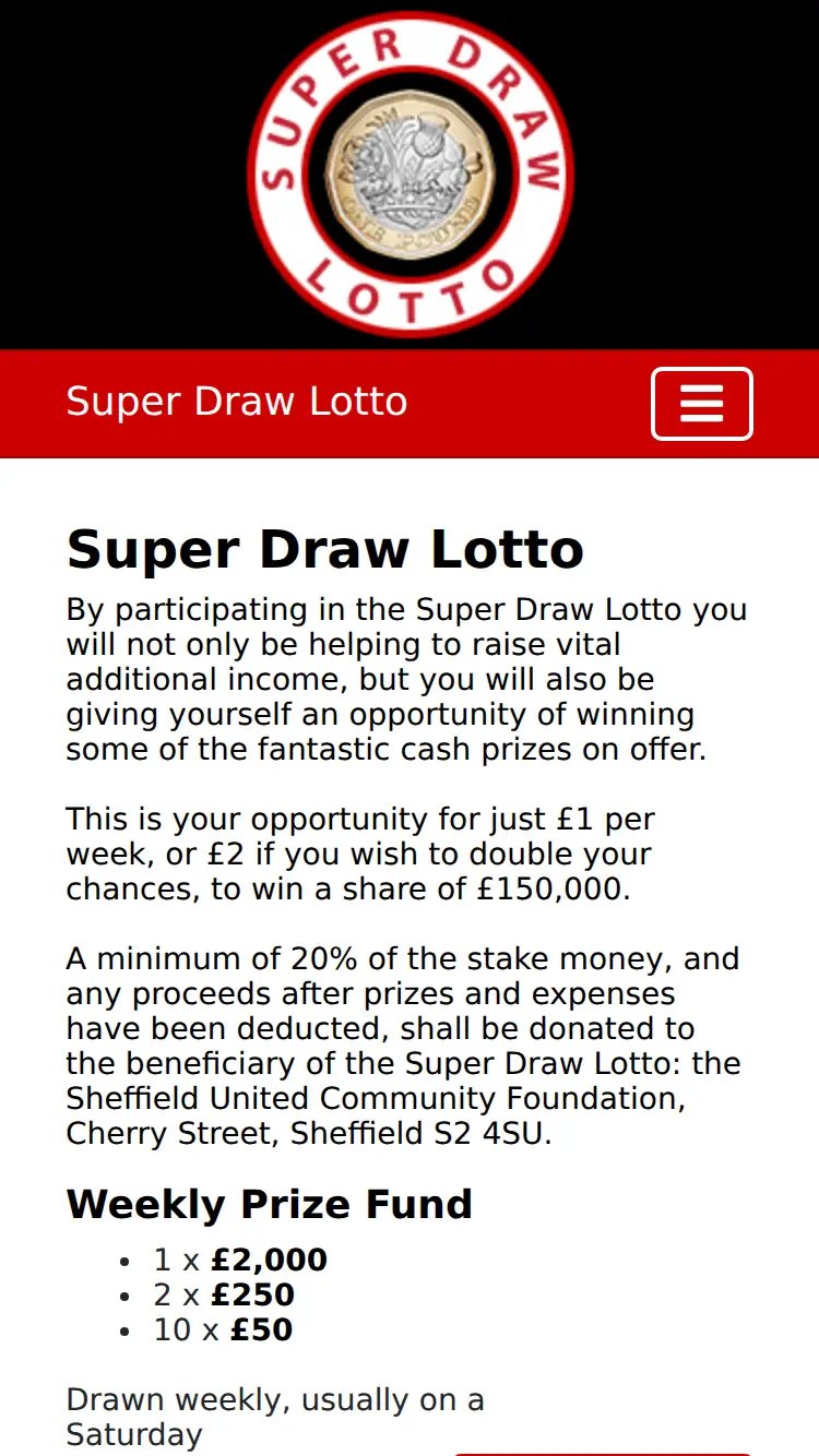 Super Draw Lotto - homepage (mobile)