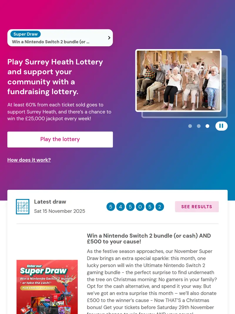 Surrey Heath Lottery - homepage (tablet)