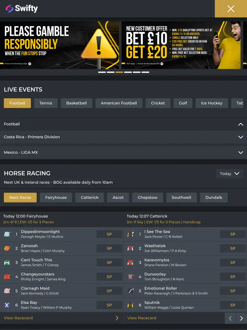 Swifty Sports - homepage (tablet)