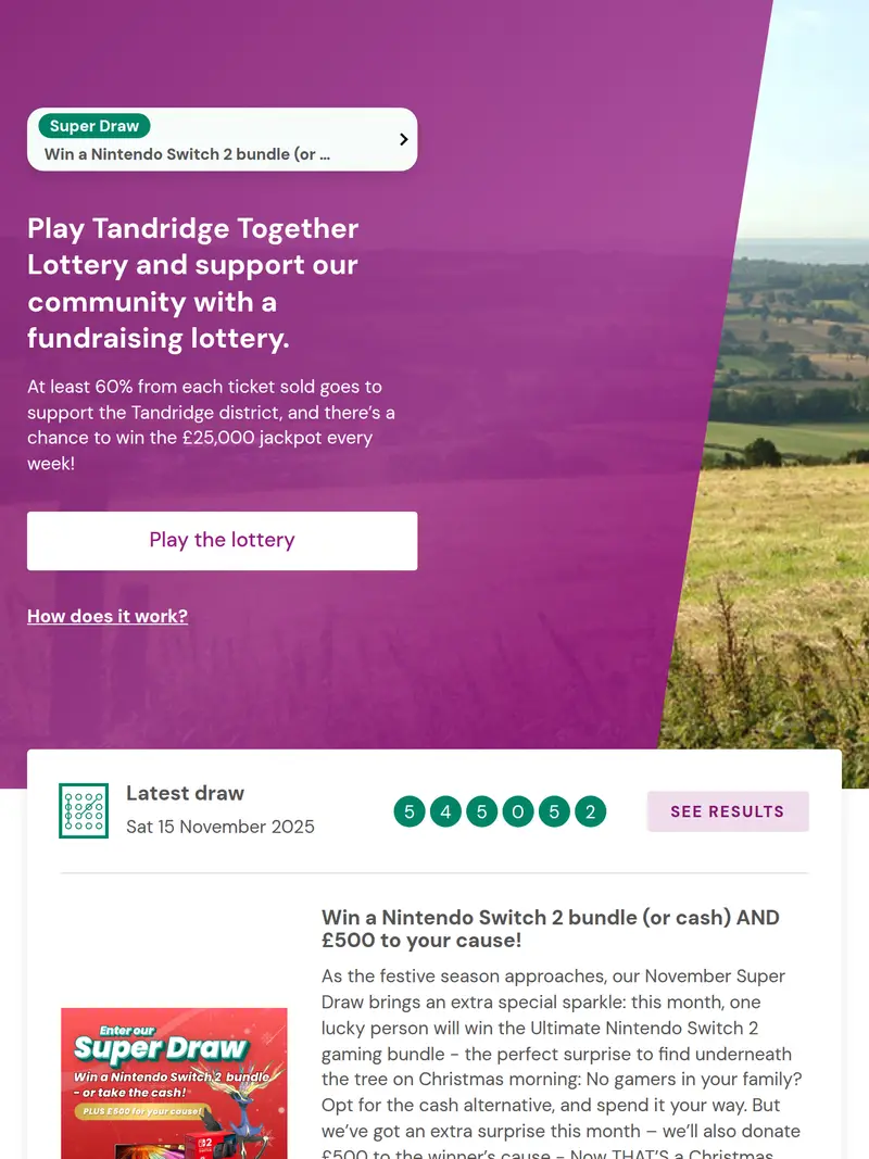 Tandridge Lottery - homepage (tablet)