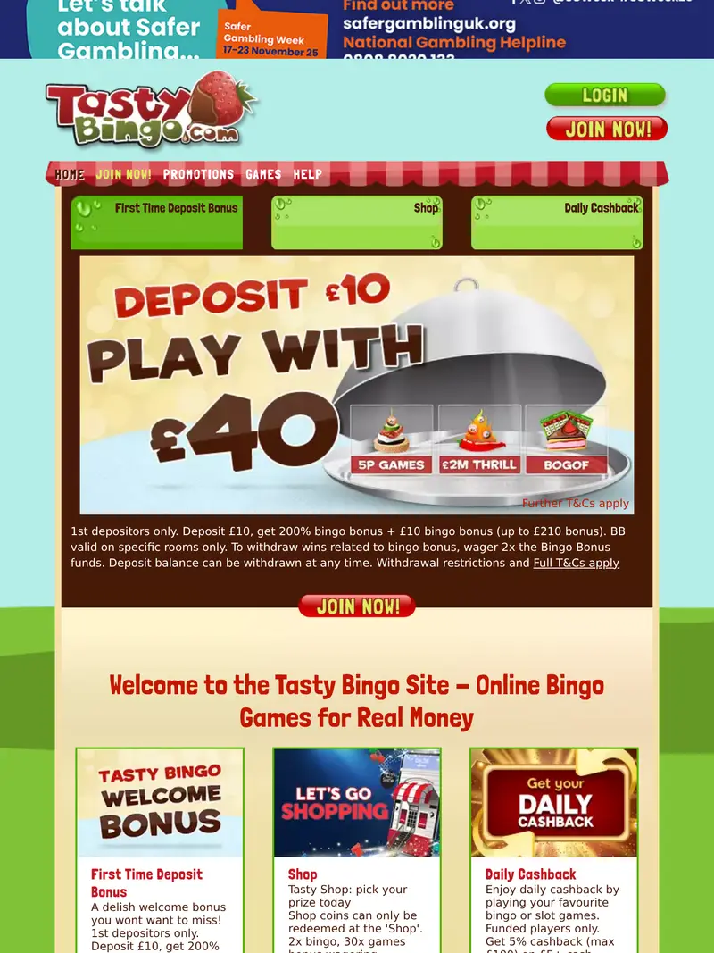 Tasty Bingo - homepage (tablet)