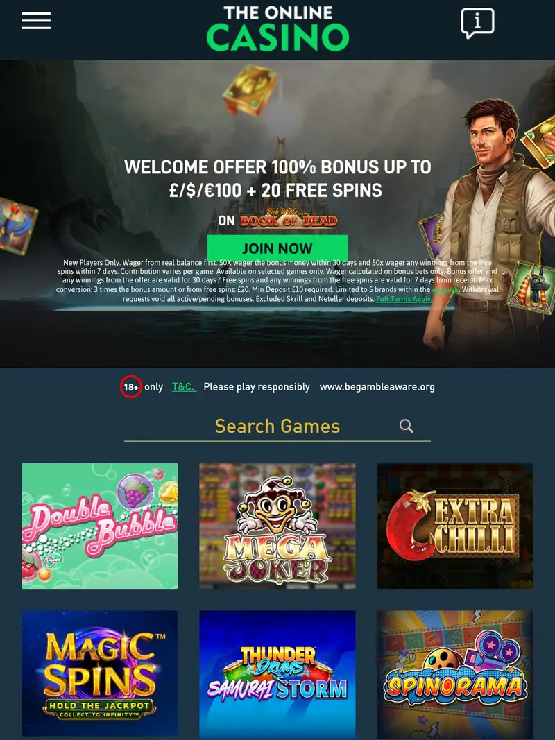 The Online Casino - homepage (tablet)