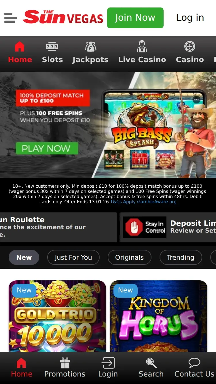 The Sun Vegas - homepage (mobile)